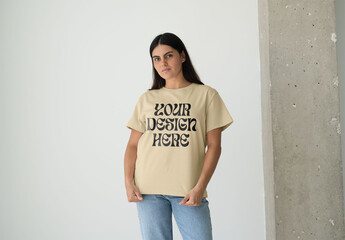 Mockup Of Woman In Customized T-Shirt In Studio