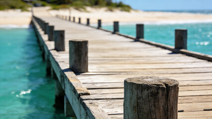 Fototapeta premium Wooden dock stretching into turquoise waters, serene beach backdrop. Tranquil escape into nature's beauty.