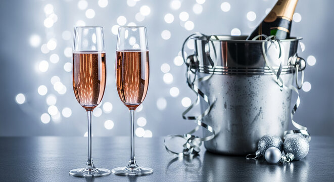 Two glasses with pink liquid. A bottle in metal bucket. Silver streamer. Bokeh lights background, representing celebration and festive atmosphere