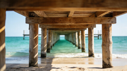 Wooden dock stretching into turquoise waters, serene beach backdrop. Tranquil escape into nature's beauty.