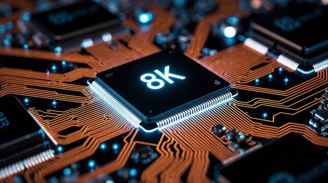 Computer microchip on a circuit board is semi-transparent with glowing neon-blue and golden light, filled with digital skyscraper-like structures symbolizing data storage and processing. - Powered by Adobe