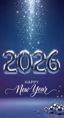 Image with silver number balloon of 2026 and glitter rain on blue background. Represents celebration, new year, and festivity