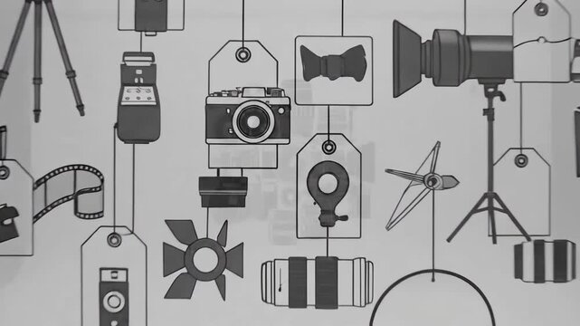 Monochromatic Photography Equipment Icons Hanging Against A White Backdrop