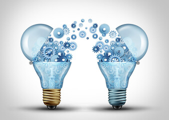 Technology Exchange Business and Creative technologies or communication idea concept as a light bulb transfering gears and cogs as a business metaphor innovation solutions communicating information.