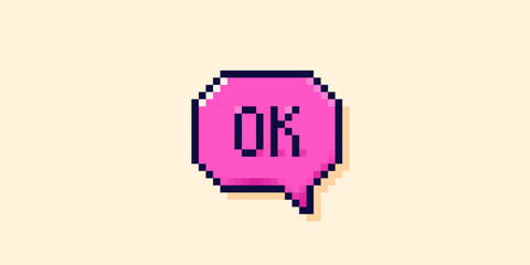 Obraz premium Pixel art UI cloud. Magenta Ok speech bubble.