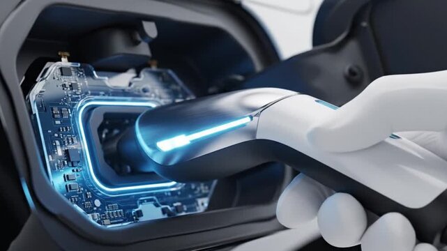 Futuristic electric car charging with visible circuit board technology. Close up of EV charger plugging into high-tech port with glowing blue lights representing data and power flow.