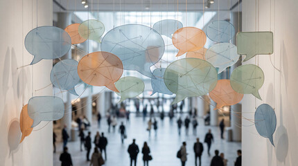 People traverse a luminous space, with translucent speech bubbles afloat, their forms creating an artistic sculpture above the bustling activity.