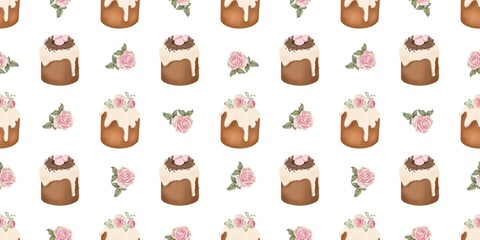 Fototapeta premium Seamless pastel pattern with Easter cakes topped with icing, nests, eggs, and delicate pink roses on a light white background. A sweet festive design perfect for textiles, wrapping paper, and spring 