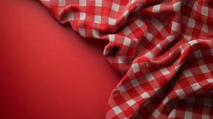 Red and white checkered tablecloth on red background for food photography and product mockups and design