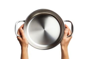 A pair of hands holding a stainless steel pot with two handles, perfect for culinary or cooking-related projects