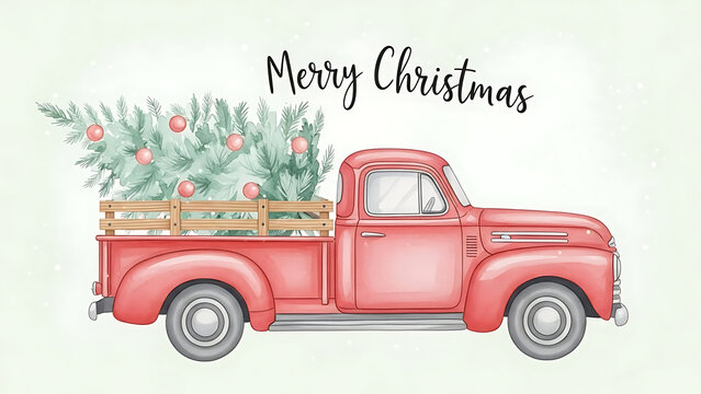 Vintage red truck carrying Christmas tree on a festive winter day
