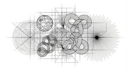Abstract Geometric Design with Intertwined Shapes and Scientific Elements.
