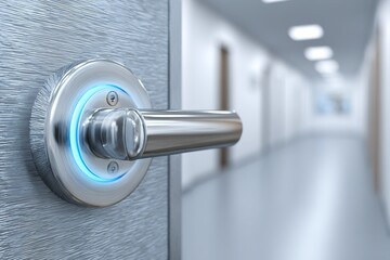 Door handle with blue light in a hallway of a modern building during office hours