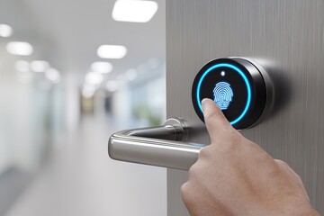 Finger touches biometric door lock in modern office hallway during working hours