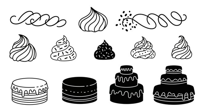 Collection of Hand Drawn Cakes and Frosting Swirls.