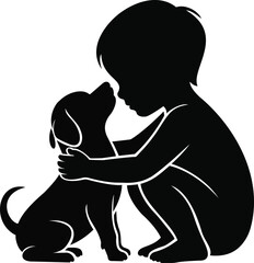Silhouette of a child hugging a puppy dog, symbol of friendship and childhood bond