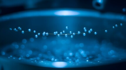 Delicate chain of tiny blue spheres suspended against a luminous bokeh background