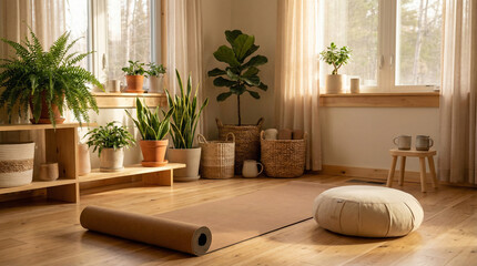 A tranquil room awaits with a yoga mat, cushion, and abundant greenery. Sunshine streams in through windows, creating a calming atmosphere for meditation and relaxation.