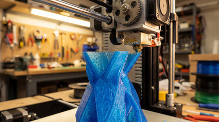 A 3d printer meticulously layers vibrant blue filament to create a geometric sculpture. The device is in a workshop, surrounded by tools and equipment.