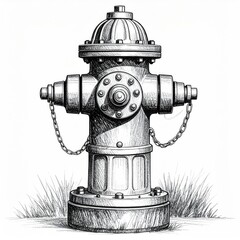 Detailed pen and ink drawing of a fire hydrant on grass, grayscale