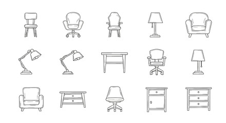 Collection of Hand Drawn Furniture and Lamps Icons.