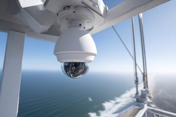 Security camera monitors ocean view from high tower above water during bright daylight