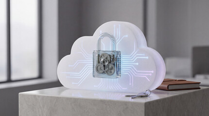 A stylized cloud, adorned with glowing circuits and locked by a gear-filled padlock, rests on a marble table, symbolizing sophisticated cloud data security.