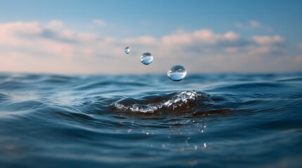Crystal clear water droplets suspended above gentle ocean waves under a soft blue sky with clouds