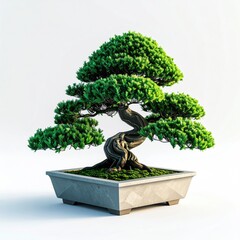 A miniature tree with twisted trunk and green foliage, in a rectangular pot