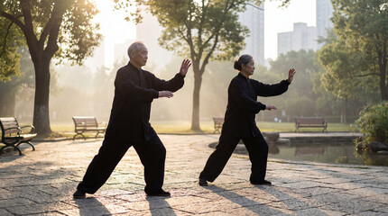 An elderly couple clad in black, gracefully practice Tai Chi in a sun-kissed Shanghai park at dawn. Their fluid movements blend with the serene landscape.