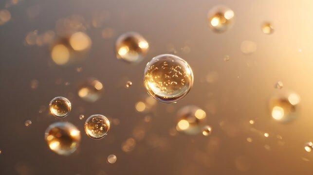 Close up of delicate golden bubbles shimmering with glittering light set against a soft warm bokeh background