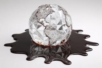 Glass globe with liquid spreading around in a creative setup showing Earth and environment concept