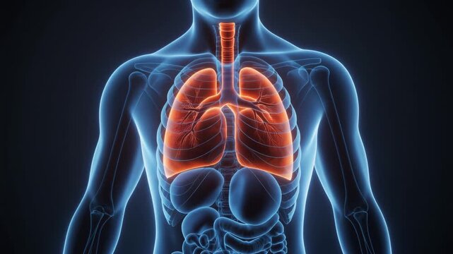 high detail cinematic 3D visualization of the human torso with transparent silhouette exposing internal organs heart beating lungs breathing soft blue glow and smooth slow camera movement
