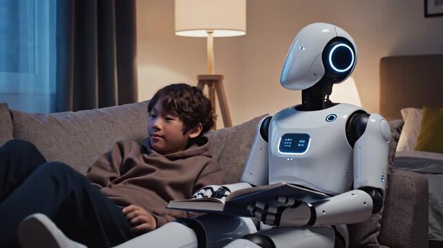 Friendly humanoid robot reading a book to a young boy sitting comfortably on a sofa in a cozy living room setting, 4k