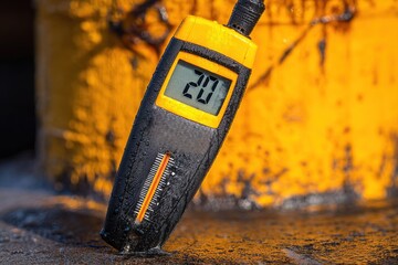 Temperature measurement tool displays reading of twenty near yellow container during industrial activity at site