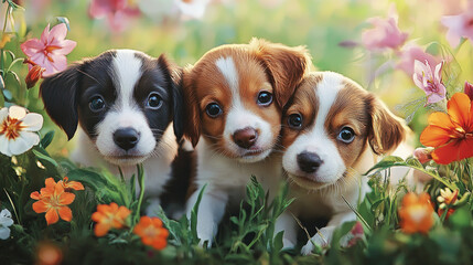Three adorable puppies nestled amidst a vibrant garden of blooming flowers, showcasing their playful charm and innocent gaze. The scene radiates joy and the sweet simplicity of nature AI Generative