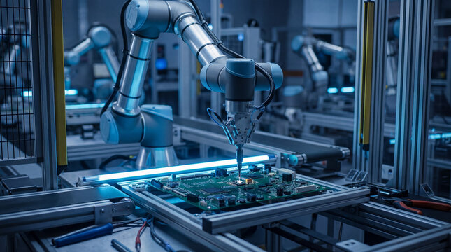 In a brightly lit manufacturing facility, several robotic arms work on assembling circuit boards with extreme accuracy and speed. Advanced technology fills the workspace. - Powered by Adobe