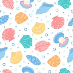 Seamless underwater pattern of marine seashells. Ocean design with clams, scallops, and conch shells in cartoon graphic style. Aquatic background perfect for summer themes, ocean projects, and marine