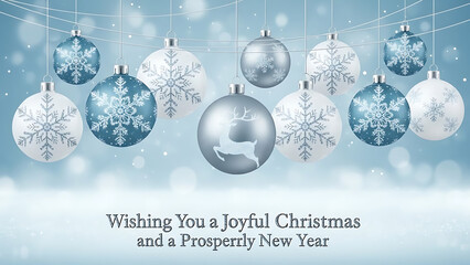 A serene Christmas scene with ornaments and snowflakes hanging from above, viewed from a slight angle, amidst a soft blue background with white clouds