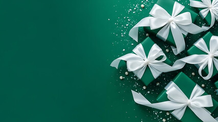 Gift boxes with white ribbons on a green background with snowflakes falling