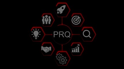 P R Q business concept diagram with icons for teamwork idea launch search growth and gears image