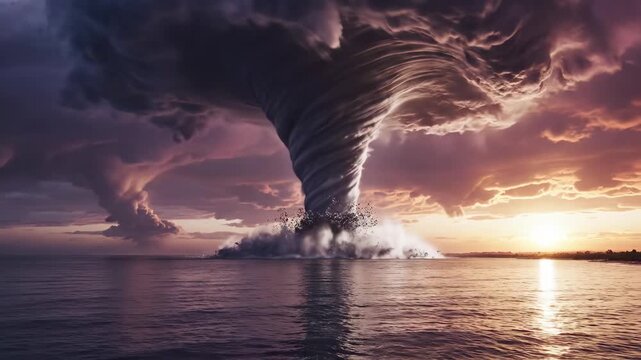 Massive waterspout tornado forming over the ocean during a dramatic sunset with dark storm clouds, 4k