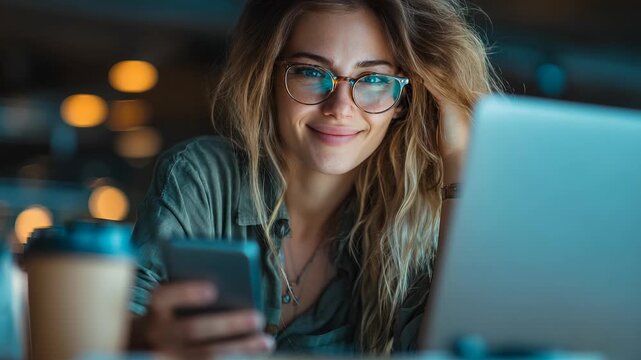 Young woman using smartphone while enjoying coffee, relaxed lifestyle, casual indoor setting, focus on technology and connectivity.
