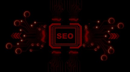 Naklejka premium Red circuit board with S E O text in center digital technology graphic search engine optimization