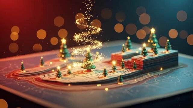 Miniature christmas trees on a layered map representing a festive landscape with bokeh lights for holiday greeting card.