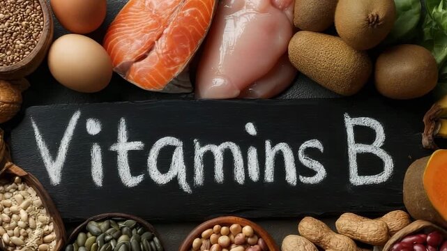 B Vitamins Rich Foods: Meat, Salmon, Eggs, Whole Grains, Bananas, Broccoli, and Carrots
