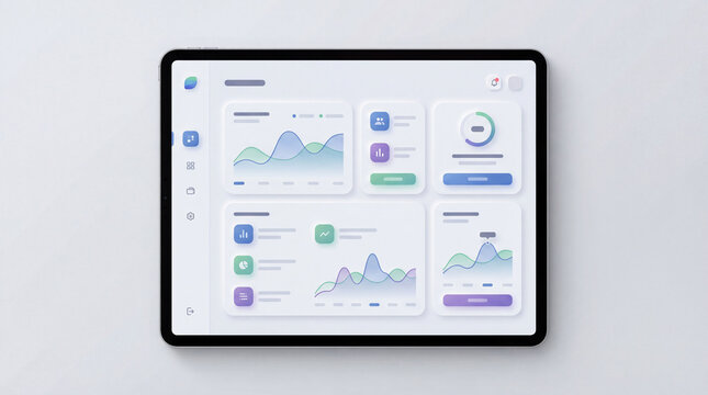 A tablet displays several digital dashboards showing charts and graphs. Minimalistic design with smooth shapes and pastel colors presents business analytics.