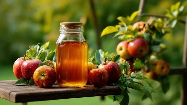Apple cider vinegar in a glass jar set against a backdrop of fresh apples in a sunny orchard