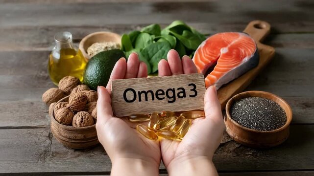 Female hands holding Omega-3 capsules against a background of natural sources