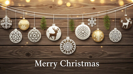 Christmas ornaments hanging from a wire on a wooden background with festive decorations and lights